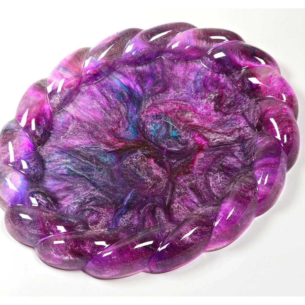 Handmade Resin Oval Tray 6x5‎ Braided Rim Celestial Amethyst Swirl Sparkle
